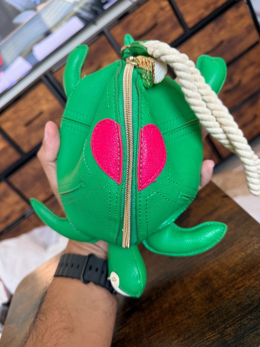 Betsey Johnson Turtley Awesome Green Turtle Pink Heart Rope Wristlet